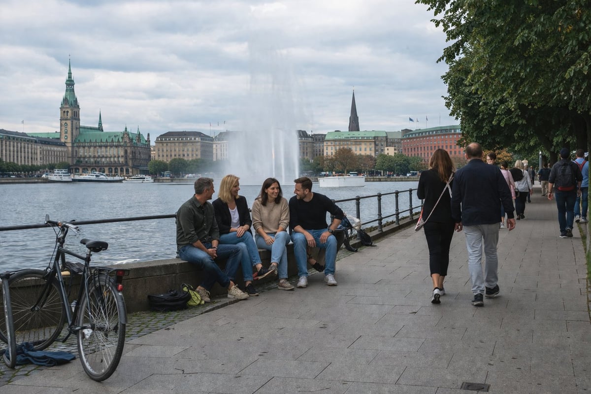 Gruppe von Freunden an einer Uferpromenade mit Fahrrad, historische Stadtsilhouette und Brunnen im Wasser